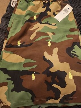 Classic Men's Camo Swim/Beach Shorts in Green, Brown, Black with Yellow Logo